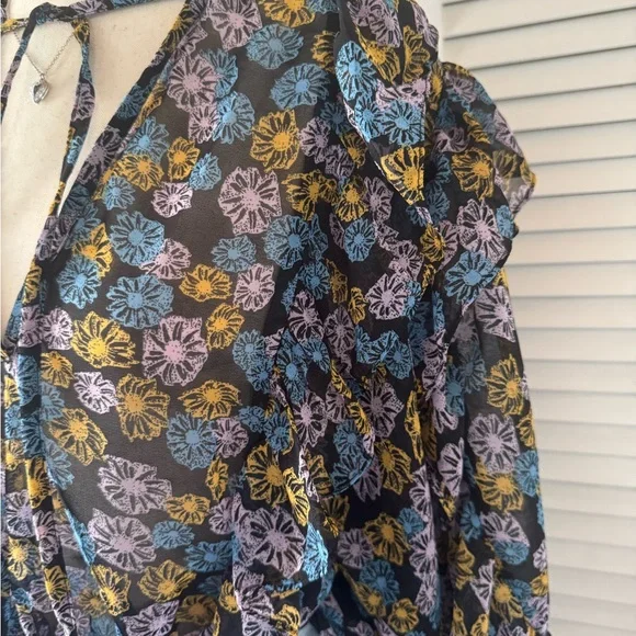 TopShop Purple Blue Ruffled Side Neck Tie Long Sleeve Blouse Top - Picture 3 of 5